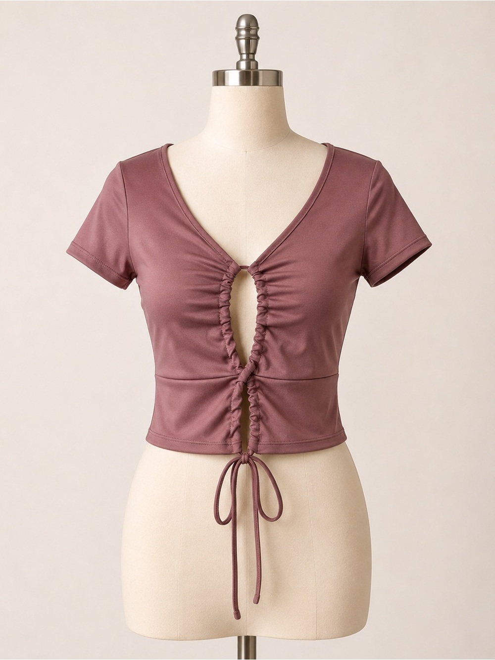Ruched Tie-Front Cropped Top - Dusty Mauve
